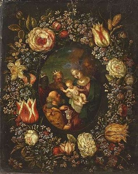 Blumenkranz Um Ein Medaillon Mit Der Anbetung Der Konige Oil Painting by Andries Daniels
