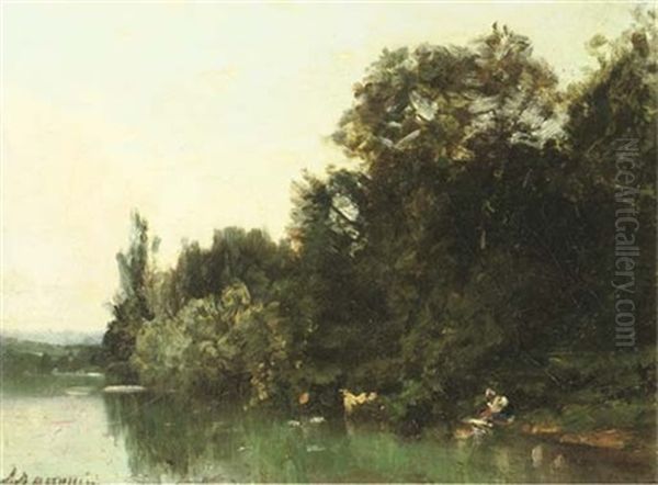 Washing In The River Oil Painting by Alfred Joseph Dannequin