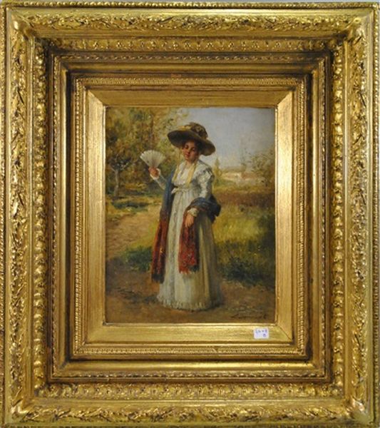 Elegant A L'eventail Oil Painting by Leon Marie Constant Dansaert