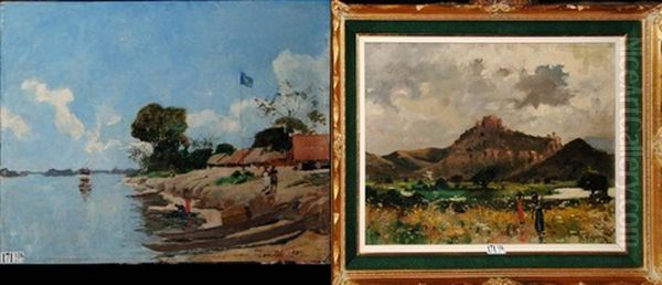 Paysage Du Congo Animes (+ Another; Pair) Oil Painting by Leon Louis Dardenne