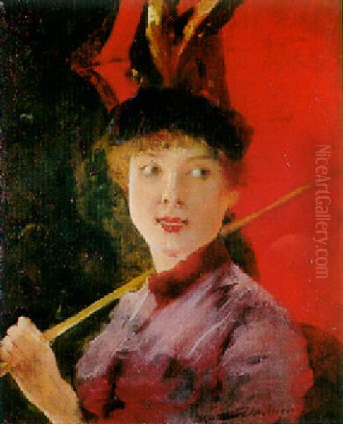L'elegante A L'ombrelle Rouge Oil Painting by Maxime Dastugue