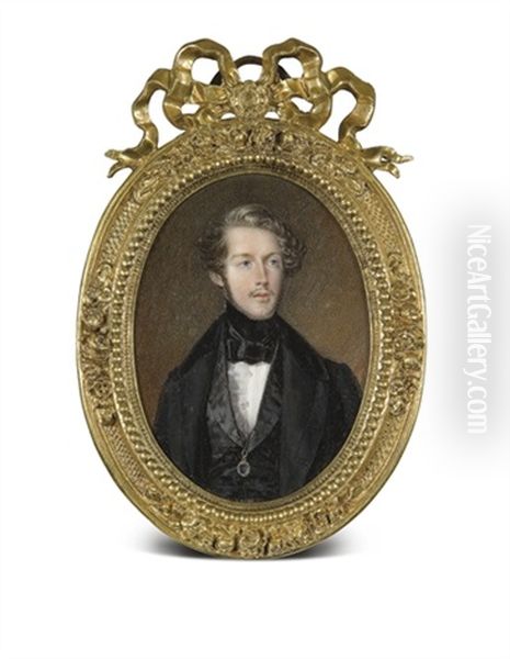 Portrait De Ferdinand, Duc D'orleans En Habit Et Gilet Noirs Avec Une Loupe Suspendue D'un Ruban Noir Autour Du Cou, Chemise Blanche Et Cravate Noire, Petite Barbe, Cheveux Au Naturel Oil Painting by Amelie Daubigny