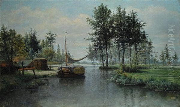Barcone Sul Fiume Oil Painting by Charles Francois Daubigny