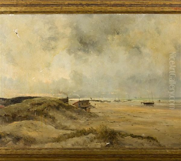 French Barbizon Coastal Scene With Fishermen Oil Painting by Charles Francois Daubigny