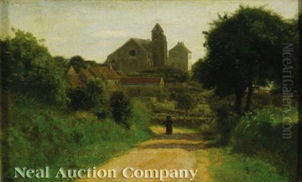Woman On A Path Beside A Church Oil Painting by Charles Francois Daubigny