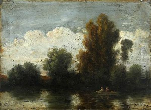 Landscape With Persons In A Rowing Boat On A River Oil Painting by Charles Francois Daubigny