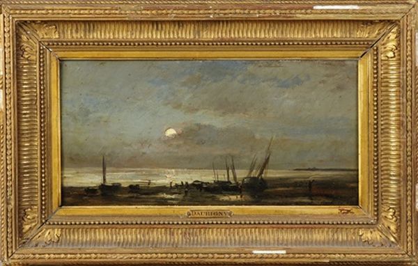 An Evening Harbor Scene Oil Painting by Charles Francois Daubigny