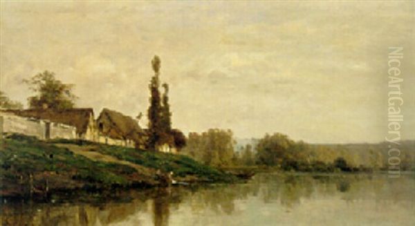 A Village On The Seine Oil Painting by Charles Francois Daubigny
