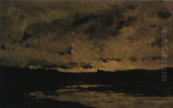 A River Landscape With A Church In The Distance Oil Painting by Charles Francois Daubigny