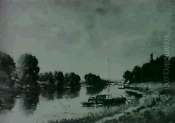 River Landscape With Boat Oil Painting by Charles Francois Daubigny