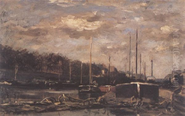 Barges Moored On The Seine Oil Painting by Karl Pierre Daubigny