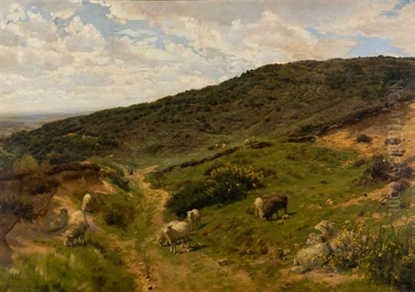 Landschaft Mit Schafen - Im Mittelgrund Der Kunstler An Der Staffelei Oil Painting by Henry William Banks Davis
