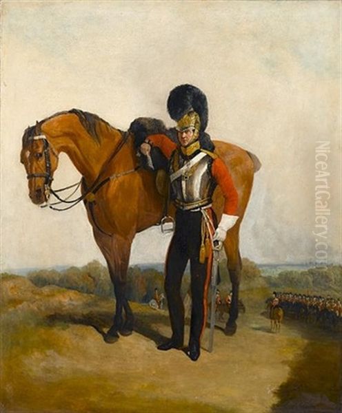 An Officer Of The 2nd Life Guards In Full Dress With His Horse, Windsor Castle In The Background Oil Painting by Richard Barrett Davis