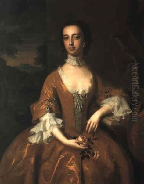Portrait Of A Lady In A Gold Dress Holding Pink Roses Oil Painting by Jeremiah Davison