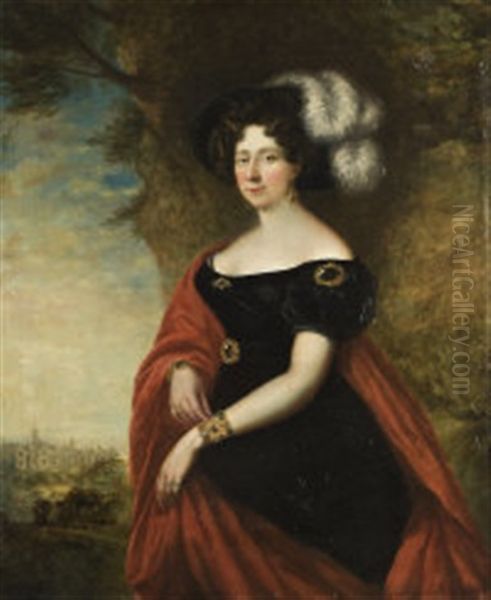 Portrait Of A Lady, In A Plumed Hat, Black Jeweled Gown And Red Cloak, In The Grounds Of A Gothic Palace Oil Painting by George Dawe