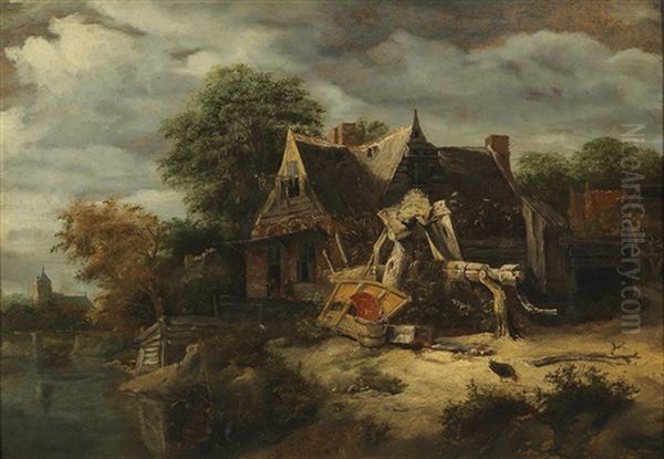 A Farmstead On The Banks Of A River Oil Painting by Cornelis Gerritsz Decker
