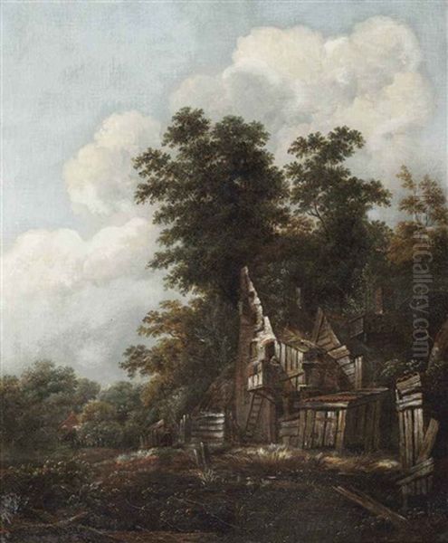 A Wooded Landscape With Figures Outside A Ruinous Cottage Oil Painting by Cornelis Gerritsz Decker