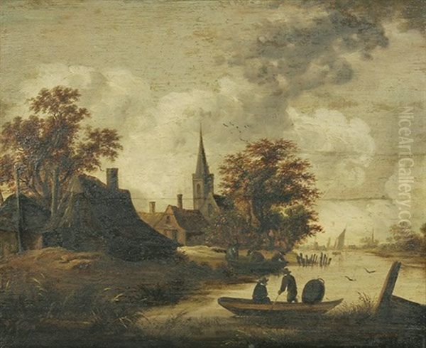 Fluslandschaft Mit Anlegenden Ruderbooten Bei Einem Dorf Oil Painting by Cornelis Gerritsz Decker