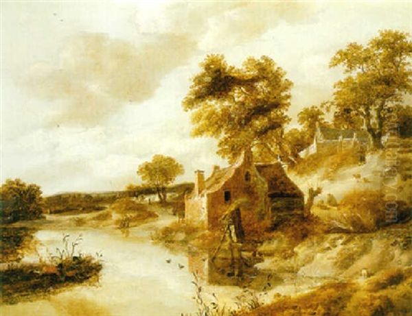 A River Landscape With Anglers Near A Cottage Oil Painting by Cornelis Gerritsz Decker
