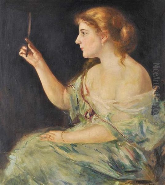 A Sitting Lady With A Mirror Oil Painting by Jan Dedina