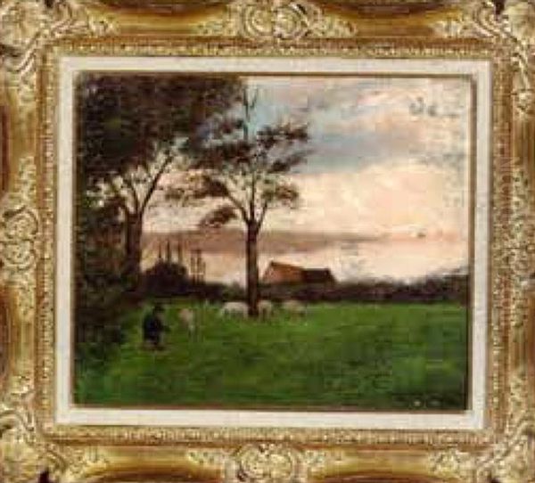 A Shepherd Tending To His Flock With A Country Cottage In The Distance Oil Painting by Alexandre Defaux