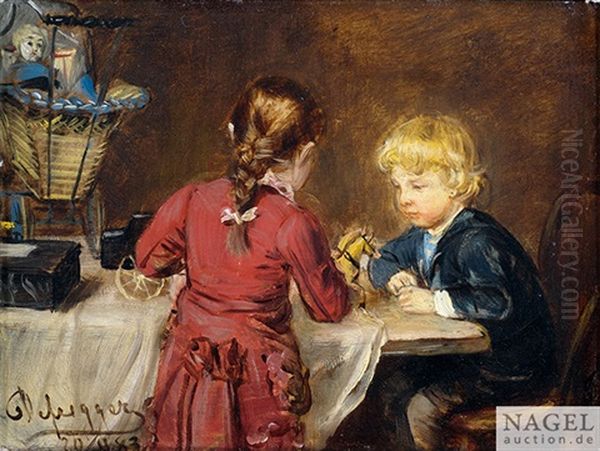 Zwei Spielende Kinder Am Tisch Oil Painting by Franz Von Defregger