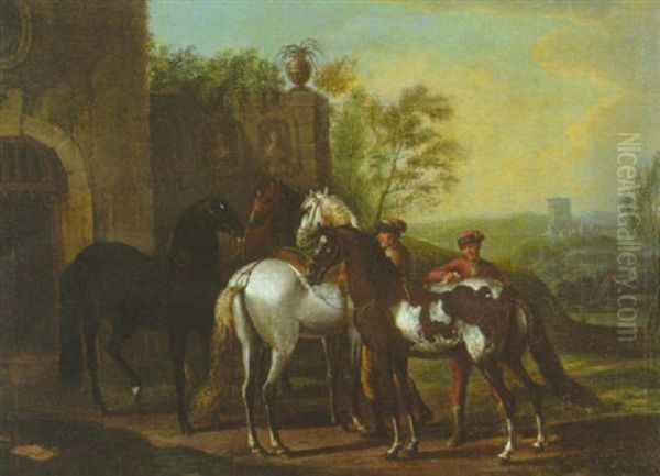 Zwei Reitknechte Mit Vier Pferden Vor Dem Portal Eines Schlosses Oil Painting by Dismar Degen
