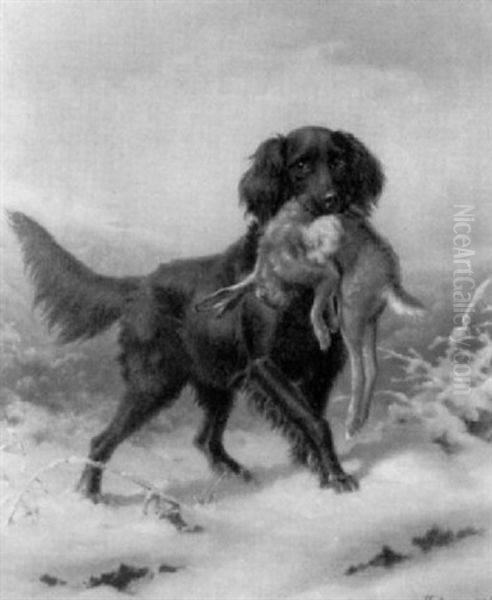 Setter Mit Erlegtem Hasen In Winterlandschaft Oil Painting by Johannes Christian Deiker