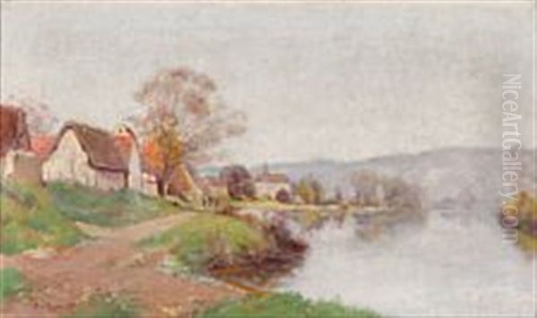The Seine At Tournedos In Normandy Oil Painting by Alexis Auguste Delahogue