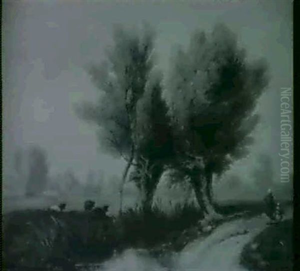 Figures On A Path Before A Stream With Watermeadows And     The Skyline Of Oxford Beyond Oil Painting by William Alfred Delamotte