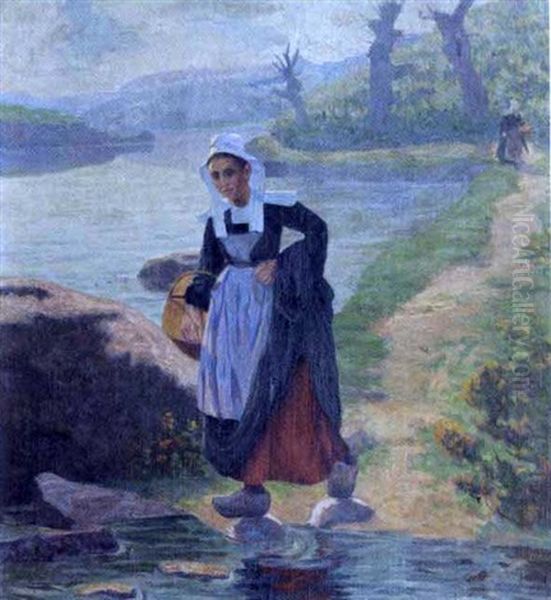 Bretonne Au Bord De L'aven Oil Painting by Henri Delavallee