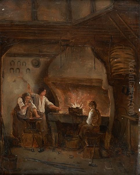 Oficina De Ferrador Com Forja, Ferradores E Ferraduras De Cavalo Oil Painting by Nicolas-Louis-Albert Delerive