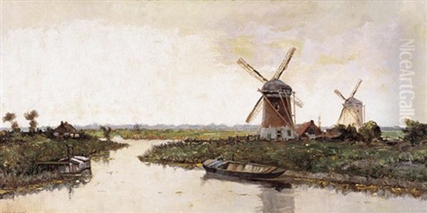 Rivierlandschap Met Molens Oil Painting by Gerard Delfgaauw