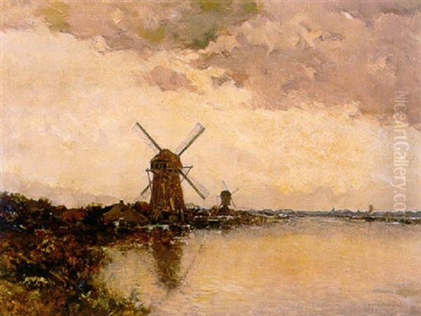 Plaslandschap Met Rechts Twee Molens Oil Painting by Gerard Delfgaauw