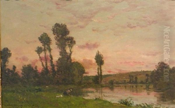 Lavandiere Pres D'un Etang, Soleil Couchant (collab. W/jacques Henri Delpy ?) Oil Painting by Hippolyte Camille Delpy