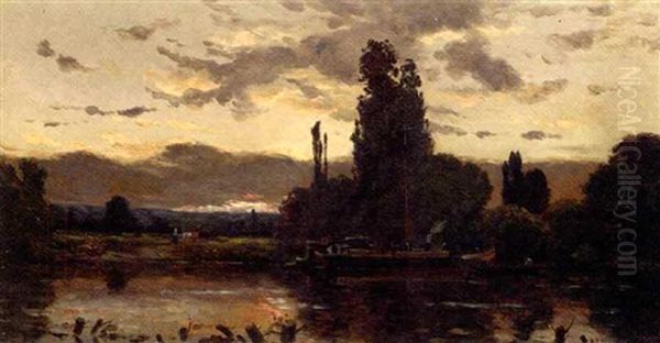Rowing By A River Barge At Dusk Oil Painting by Hippolyte Camille Delpy
