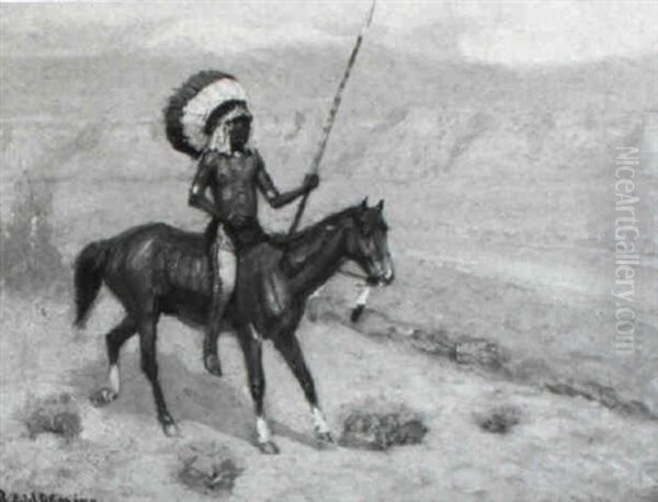 Mounted Warrior, River And Bluffs In The Distance Oil Painting by Edwin Willard Deming