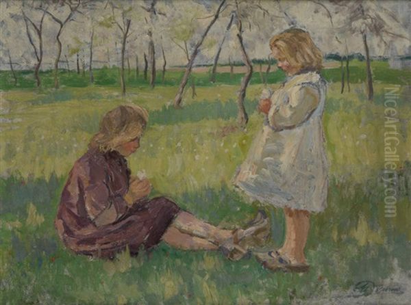 Fillette Cueillant Des Fleurs Oil Painting by Alexandre Denonne