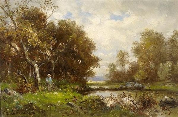 Angler Am Bewaldeten Teich Oil Painting by Charles Felix Edouard Deshayes