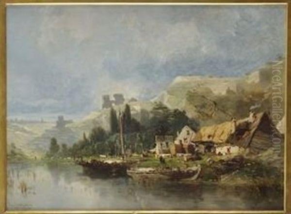 Port Sur La Meuse Oil Painting by Eugene F. A. Deshayes
