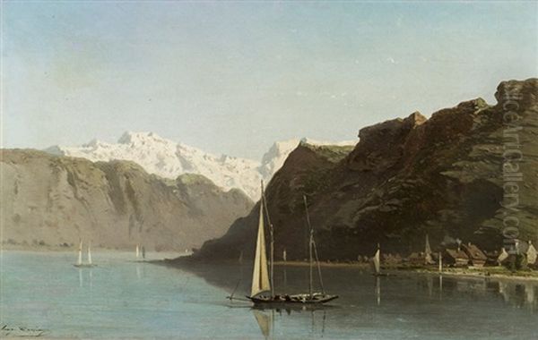Mountain Lake With Fishing Boats Oil Painting by Eugene Deshayes