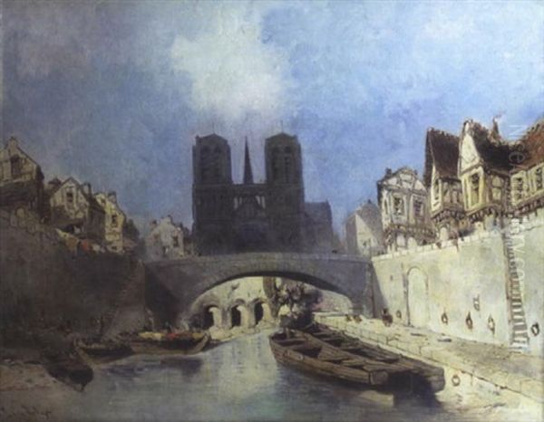 Les Quais Du Vieux Paris, Pres De Notre Dame Oil Painting by Eugene Deshayes