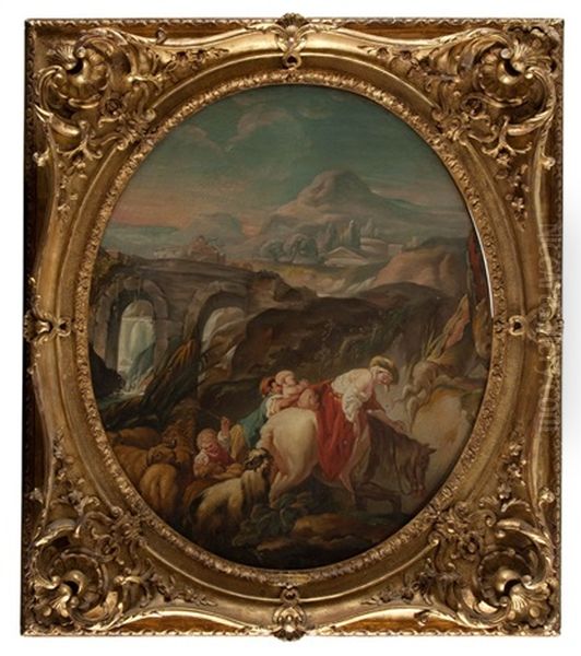 The Pastoral Scene At The Bridge Circa Oil Painting by Jean Baptiste Henri Deshays