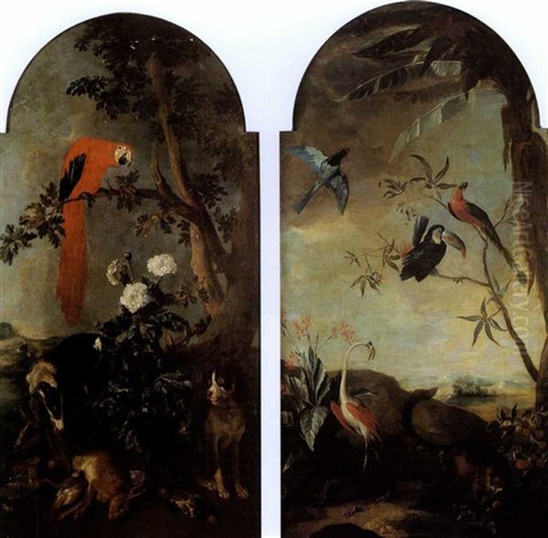 Trophee De Chasse Surveillie Par Deux Chiens Dans Un Paysage Avec Un Perroquet (+ Paysage Anime De Volatiles Avec Un Tapir; Pair) Oil Painting by Alexandre-Francois Desportes