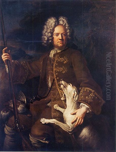 Portrait De Monsieur Paris, Fermier General Du Dauphine, En Chasseur, Sur Fond De Paysage Oil Painting by Alexandre Francois Desportes
