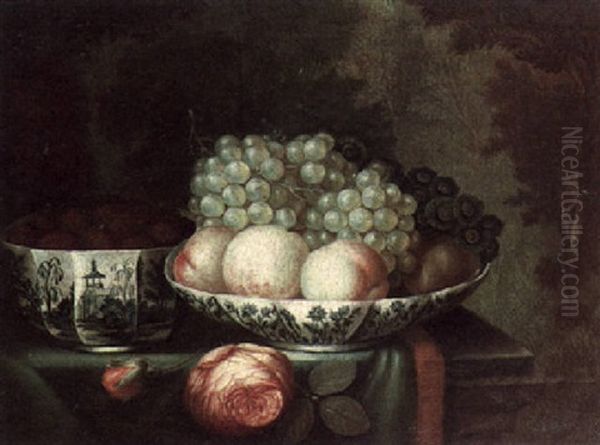 A Still Life Of Roses, Grapes, Peaches And Other Fruit On Chinese Blue And White Tableware, All Upon A Draped Stone Ledge Oil Painting by Alexandre Francois Desportes