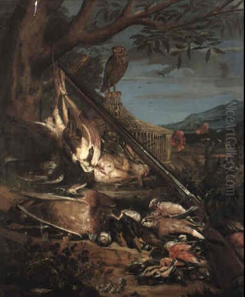 Game, A Bird Trap, Hawk And A Gun At The Foot Of A Tree Oil Painting by Alexandre-Francois Desportes
