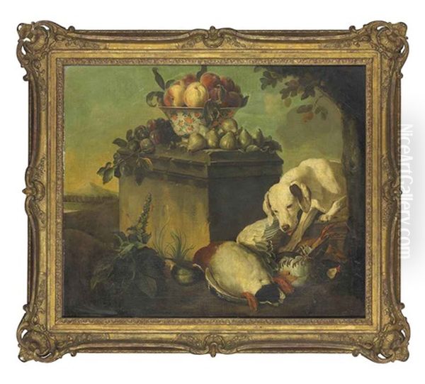 A Hound With A Duck And Partridges, A Bowl Of Peaches, And Figs And Plums On A Stone Pedestal, An Extensive Landscape Beyond Oil Painting by Claude Francois Desportes