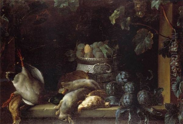 Nature Morte Au Gibier, A La Coupe De Prunes Et Aux Artichauts Disposee Sur Un Entablement De Fenetre Decoree D'un Treille Oil Painting by Claude Francois Desportes