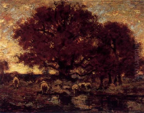 Cattle Watering Under A Tree At Sunset Oil Painting by Louis Paul Dessar